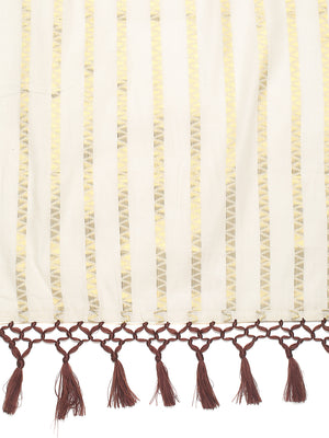 Off-White Cotton Borderless Set Saree with Zig-Zag Gold Stripes and Brown Tassels