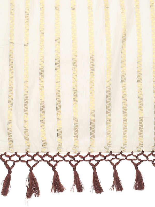 Off-White Cotton Borderless Set Saree with Zig-Zag Gold Stripes and Brown Tassels