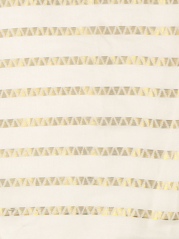 Off-White Cotton Borderless Set Saree with Zig-Zag Gold Stripes and Brown Tassels