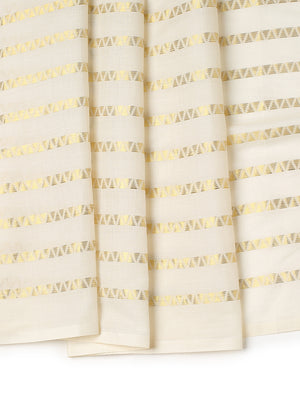 Off-White Cotton Borderless Set Saree with Zig-Zag Gold Stripes and Brown Tassels