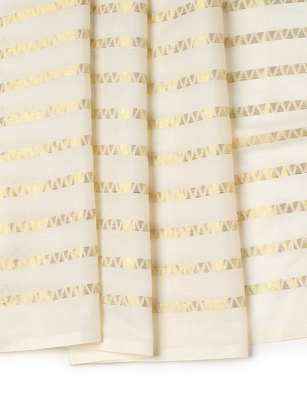 Off-White Cotton Borderless Set Saree with Zig-Zag Gold Stripes and Brown Tassels