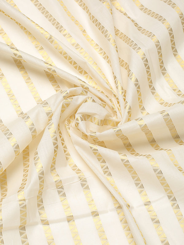 Off-White Cotton Borderless Set Saree with Zig-Zag Gold Stripes and Brown Tassels