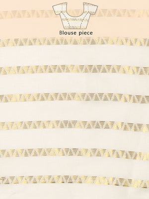 Off-White Cotton Borderless Set Saree with Zig-Zag Gold Stripes and Brown Tassels