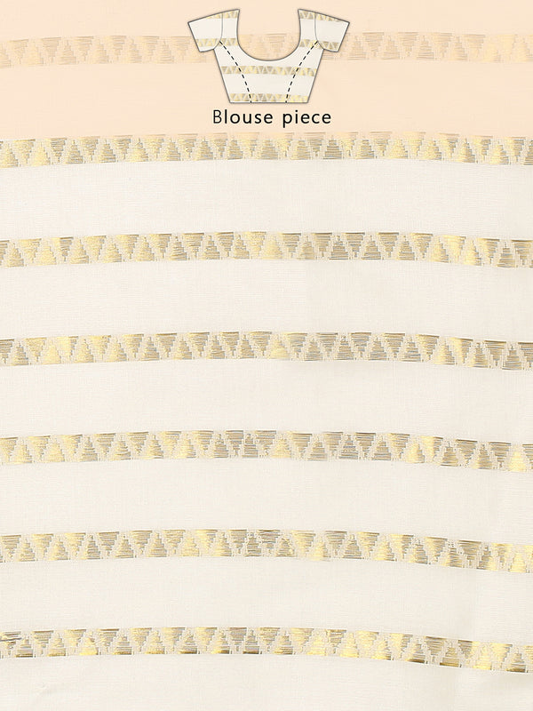 Off-White Cotton Borderless Set Saree with Zig-Zag Gold Stripes and Brown Tassels