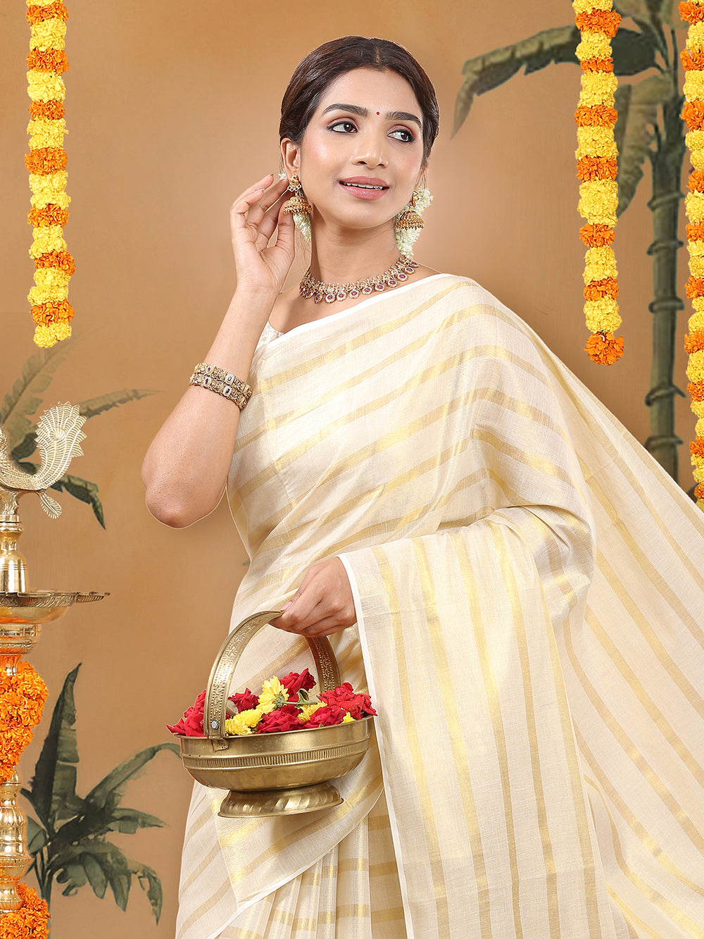Borderless Golden Tissue Saree with Stripes & Mustard Yellow Tassels