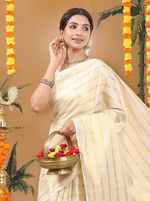 Borderless Golden Tissue Saree with Stripes & Mustard Yellow Tassels