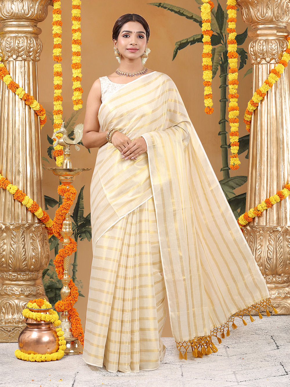 Borderless Golden Tissue Saree with Stripes & Mustard Yellow Tassels