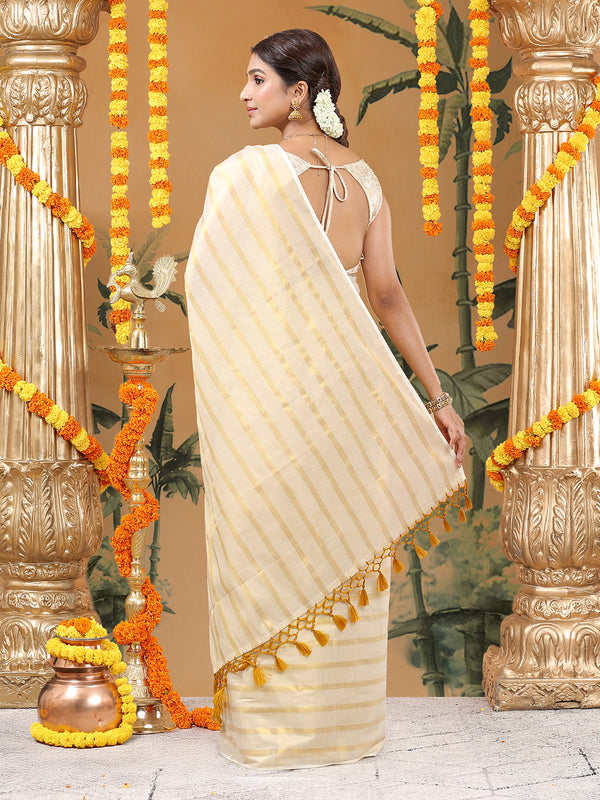 Borderless Golden Tissue Saree with Stripes & Mustard Yellow Tassels