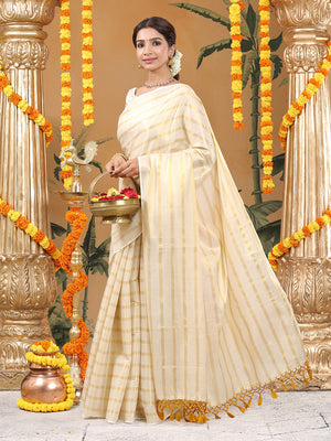 Borderless Golden Tissue Saree with Stripes & Mustard Yellow Tassels