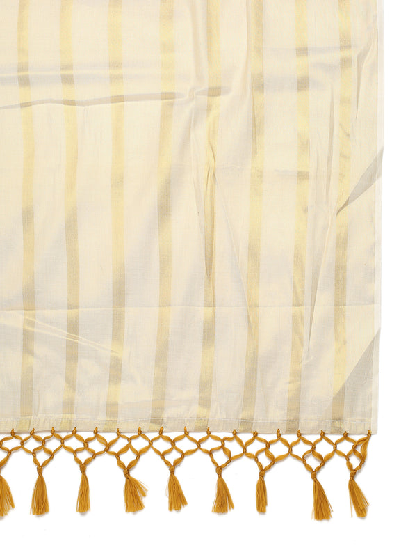 Borderless Golden Tissue Saree with Stripes & Mustard Yellow Tassels