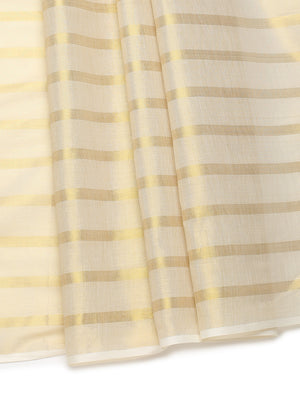 Borderless Golden Tissue Saree with Stripes & Mustard Yellow Tassels