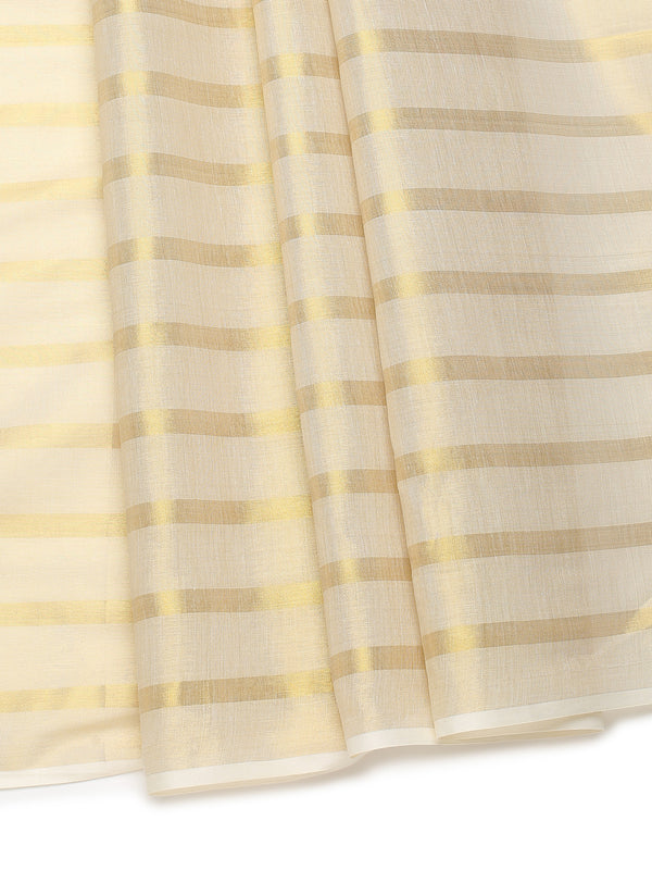 Borderless Golden Tissue Saree with Stripes & Mustard Yellow Tassels