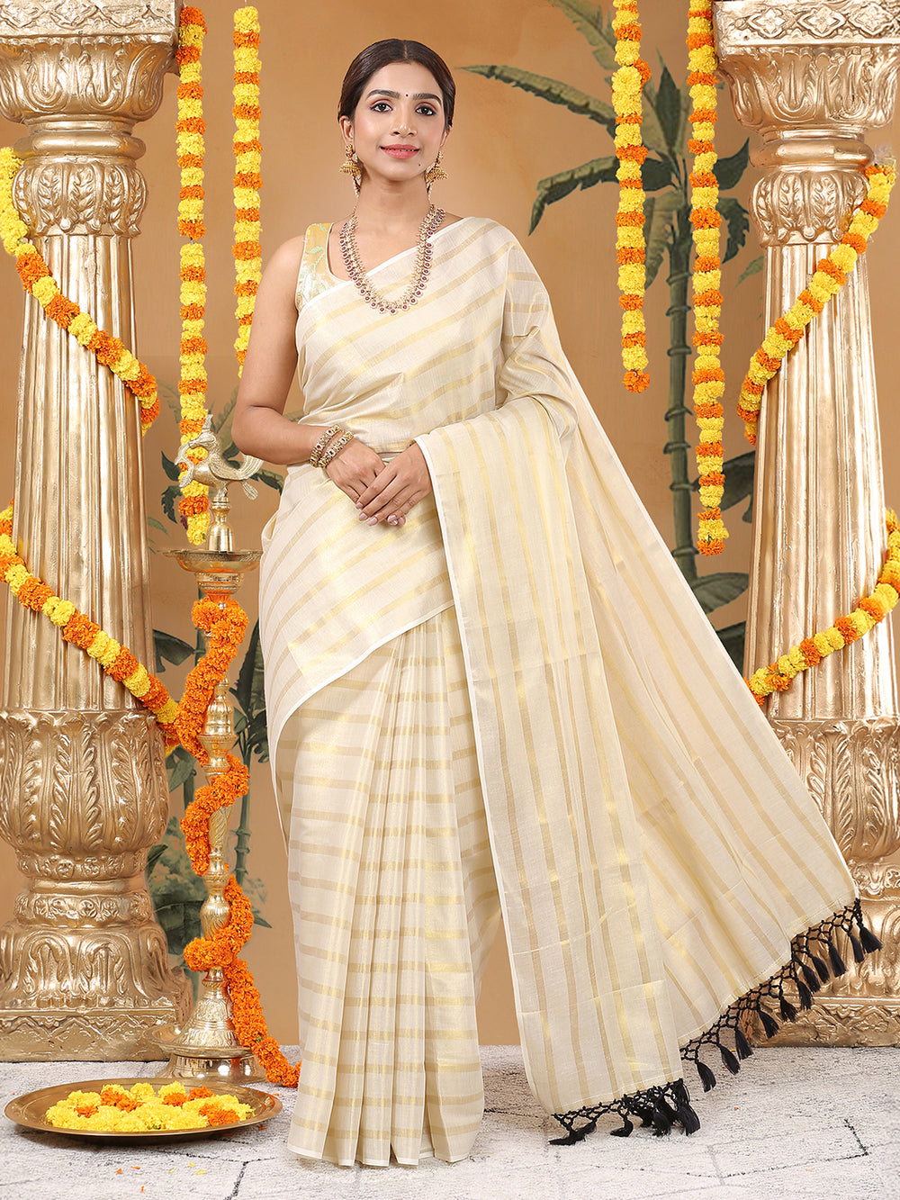 Minimalist Golden Tissue Borderless Set Saree with All-Over Golden Stripes & Black Tassels