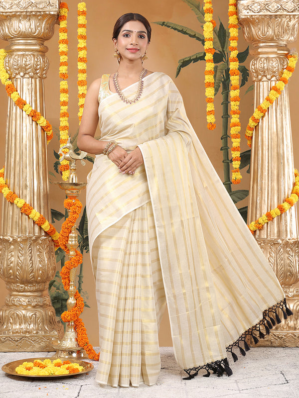 Minimalist Golden Tissue Borderless Set Saree with All-Over Golden Stripes & Black Tassels