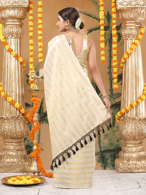 Minimalist Golden Tissue Borderless Set Saree with All-Over Golden Stripes & Black Tassels