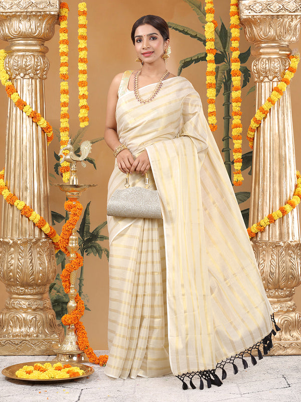 Minimalist Golden Tissue Borderless Set Saree with All-Over Golden Stripes & Black Tassels