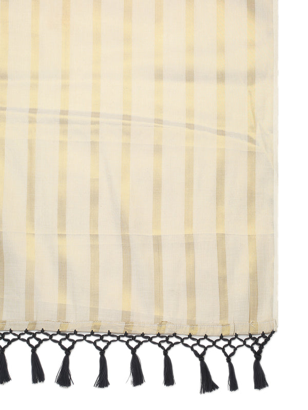 Minimalist Golden Tissue Borderless Set Saree with All-Over Golden Stripes & Black Tassels