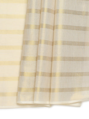 Minimalist Golden Tissue Borderless Set Saree with All-Over Golden Stripes & Black Tassels