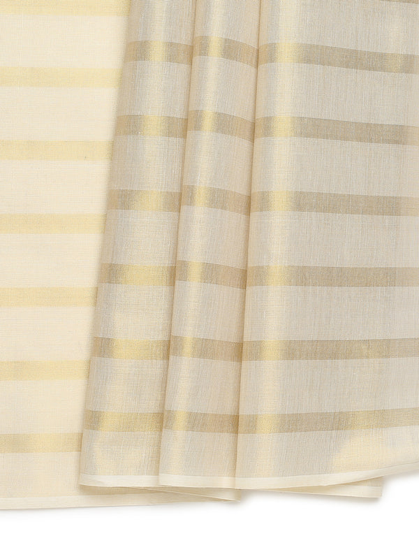 Minimalist Golden Tissue Borderless Set Saree with All-Over Golden Stripes & Black Tassels