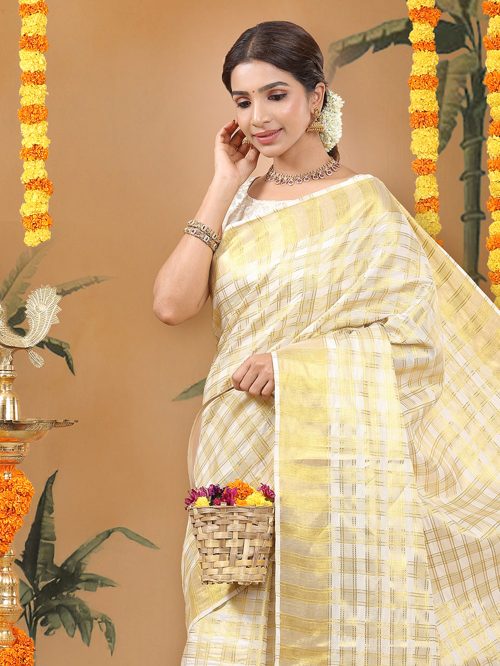 Off White Cotton Set Saree with Golden Double Lined Solid And Filled Check Pattern and Golden Striped Kasavu