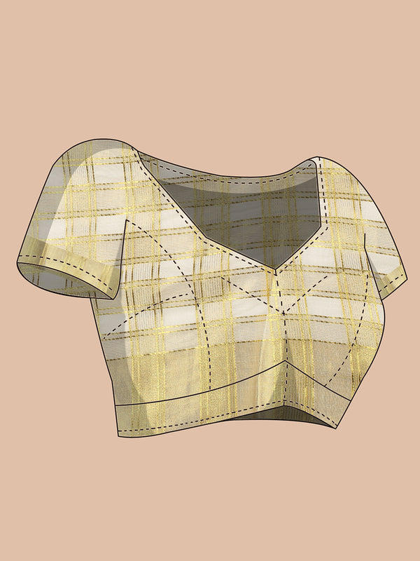 Off White Cotton Set Saree with Golden Double Lined Solid And Filled Check Pattern and Golden Striped Kasavu