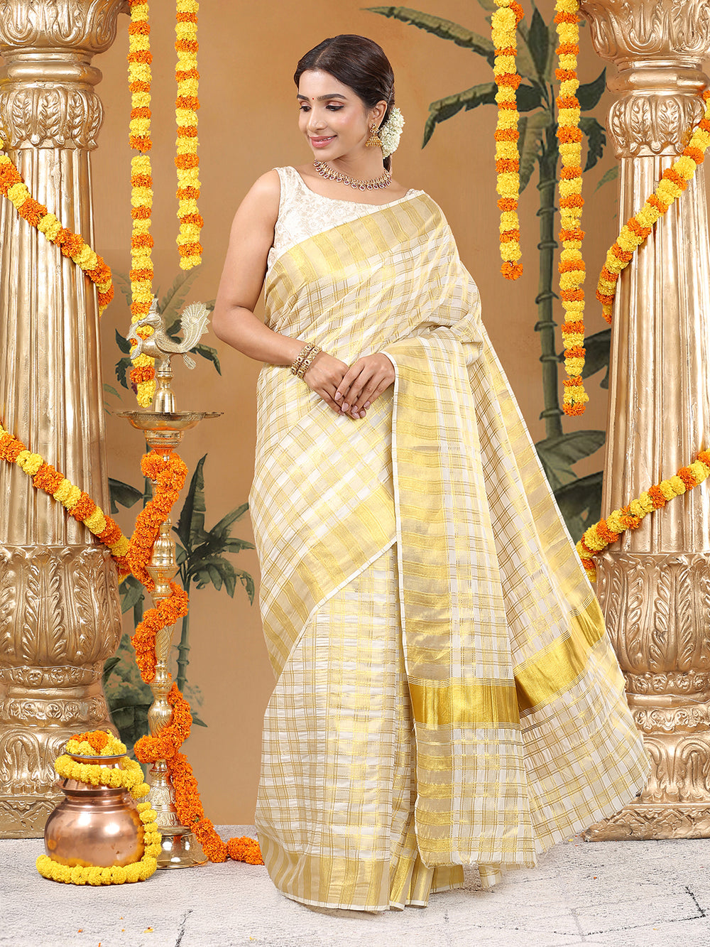Off White Cotton Set Saree with Golden Double Lined Solid And Filled Check Pattern and Golden Striped Kasavu