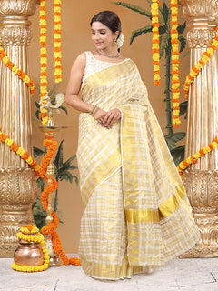 Off White Cotton Set Saree with Golden Double Lined Solid And Filled Check Pattern and Golden Striped Kasavu