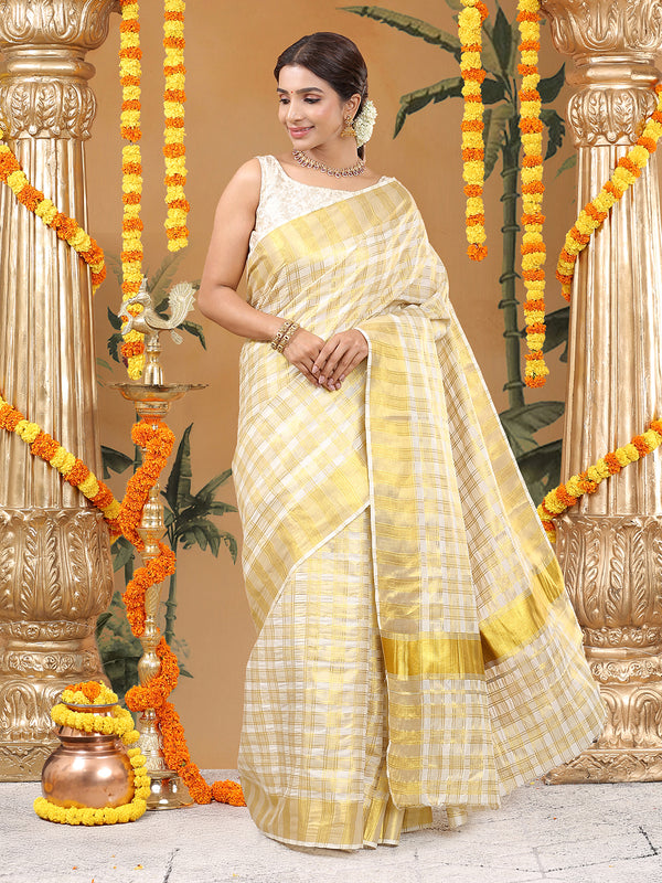 Off White Cotton Set Saree with Golden Double Lined Solid And Filled Check Pattern and Golden Striped Kasavu