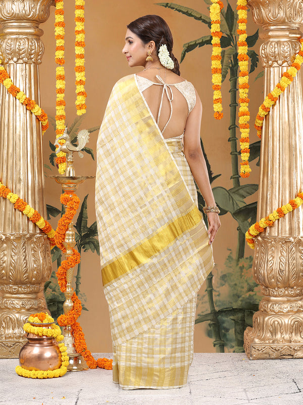 Off White Cotton Set Saree with Golden Double Lined Solid And Filled Check Pattern and Golden Striped Kasavu