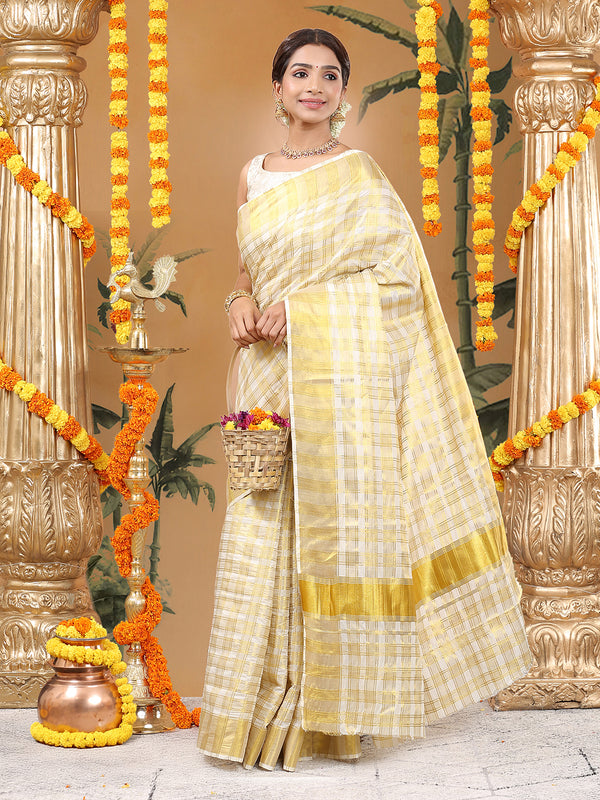 Off White Cotton Set Saree with Golden Double Lined Solid And Filled Check Pattern and Golden Striped Kasavu