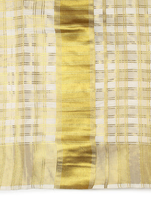 Off White Cotton Set Saree with Golden Double Lined Solid And Filled Check Pattern and Golden Striped Kasavu
