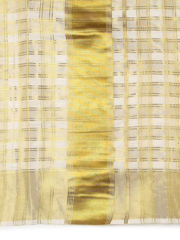Off White Cotton Set Saree with Golden Double Lined Solid And Filled Check Pattern and Golden Striped Kasavu