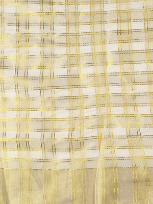 Off White Cotton Set Saree with Golden Double Lined Solid And Filled Check Pattern and Golden Striped Kasavu