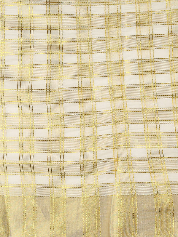 Off White Cotton Set Saree with Golden Double Lined Solid And Filled Check Pattern and Golden Striped Kasavu