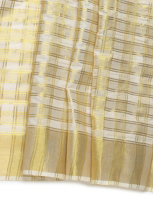 Off White Cotton Set Saree with Golden Double Lined Solid And Filled Check Pattern and Golden Striped Kasavu