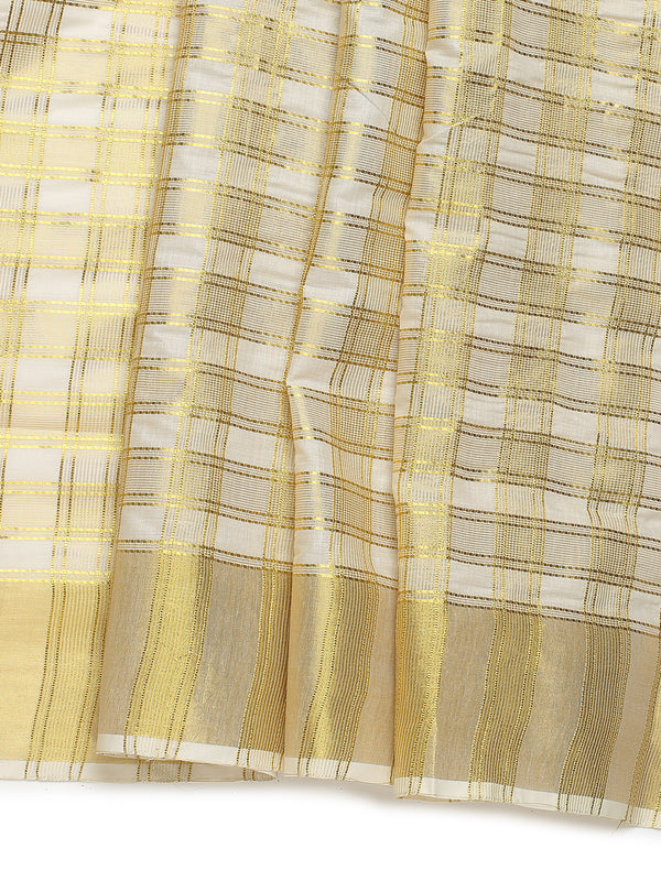 Off White Cotton Set Saree with Golden Double Lined Solid And Filled Check Pattern and Golden Striped Kasavu