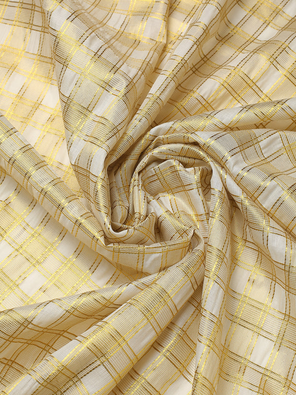 Off White Cotton Set Saree with Golden Double Lined Solid And Filled Check Pattern and Golden Striped Kasavu