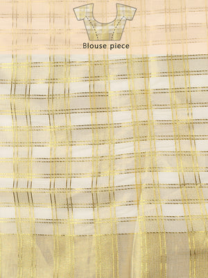 Off White Cotton Set Saree with Golden Double Lined Solid And Filled Check Pattern and Golden Striped Kasavu