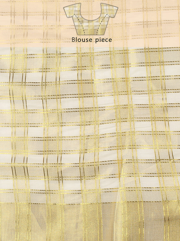 Off White Cotton Set Saree with Golden Double Lined Solid And Filled Check Pattern and Golden Striped Kasavu