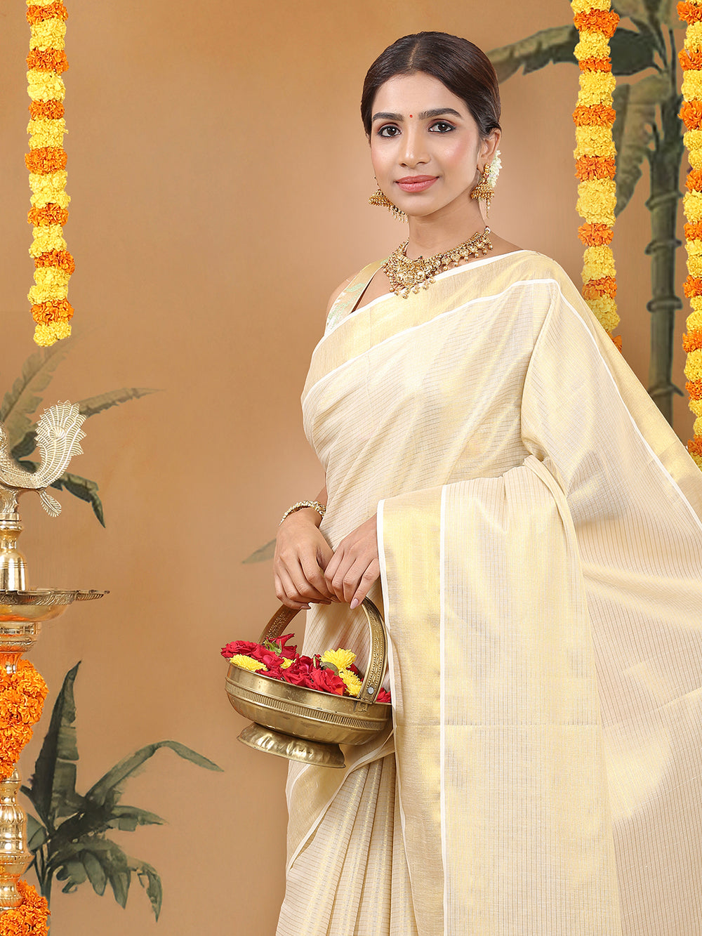 Golden Tissue Saree with Horizontal Stripes & Bright Kasavu Border
