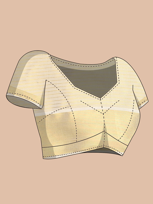 Golden Tissue Saree with Horizontal Stripes & Bright Kasavu Border