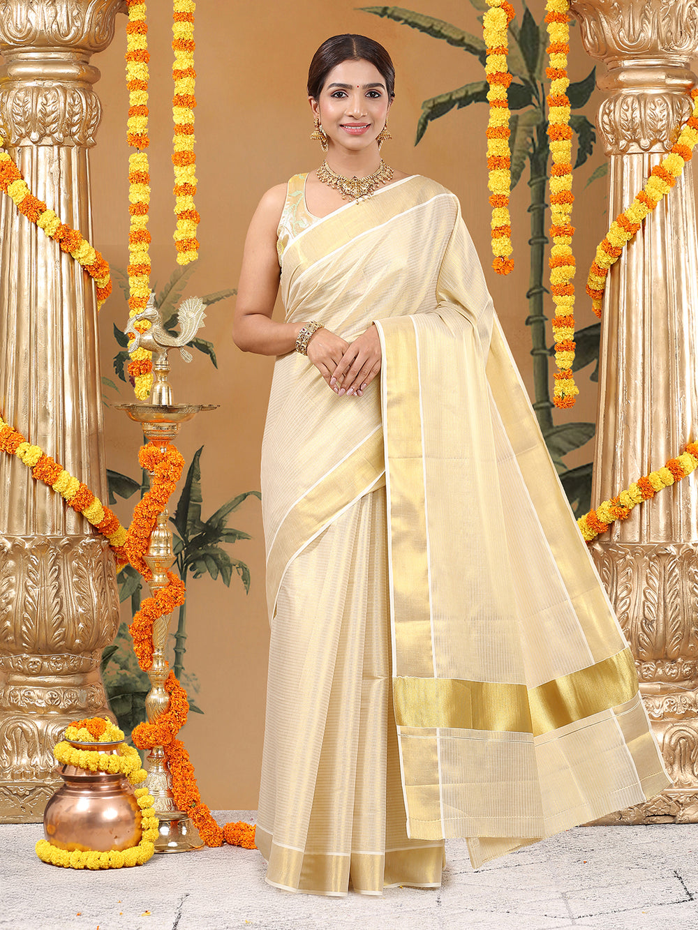Golden Tissue Saree with Horizontal Stripes & Bright Kasavu Border