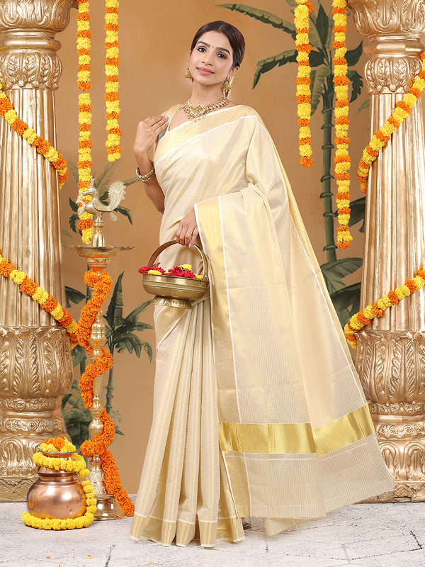Golden Tissue Saree with Horizontal Stripes & Bright Kasavu Border
