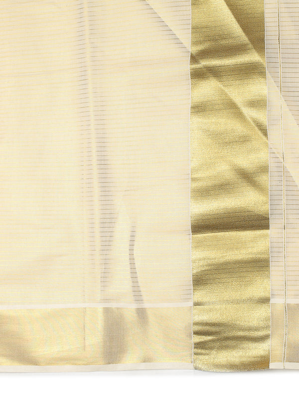 Golden Tissue Saree with Horizontal Stripes & Bright Kasavu Border