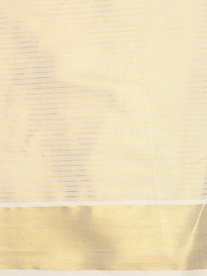 Golden Tissue Saree with Horizontal Stripes & Bright Kasavu Border