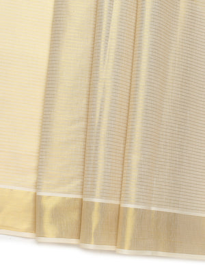 Golden Tissue Saree with Horizontal Stripes & Bright Kasavu Border