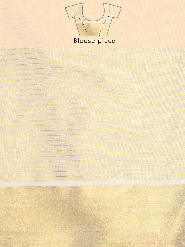 Golden Tissue Saree with Horizontal Stripes & Bright Kasavu Border