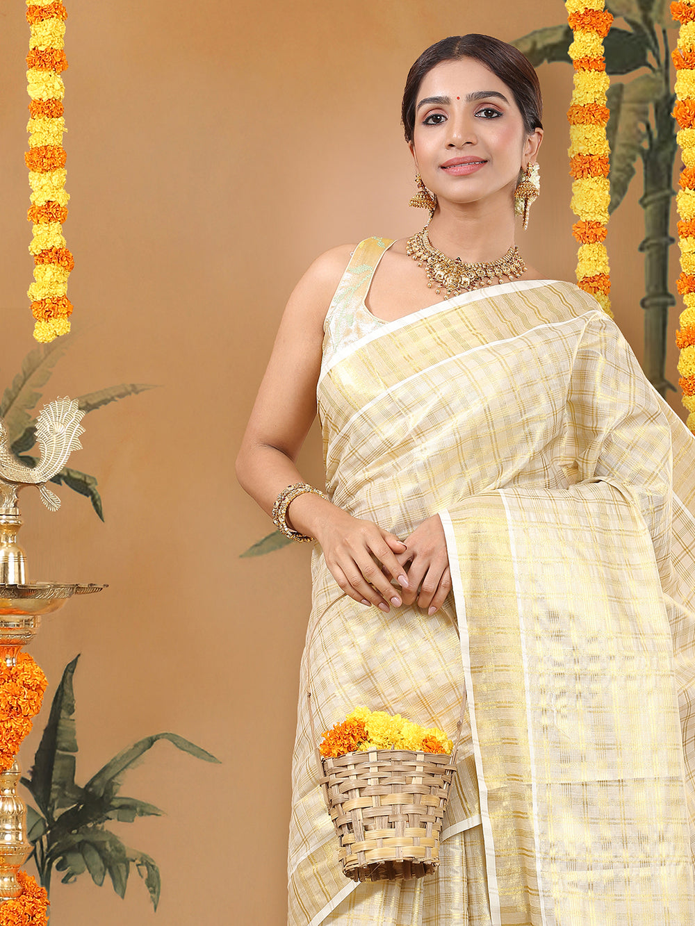 Golden Tissue Set Saree with Multi-Stripe Checks and Kasavu Border