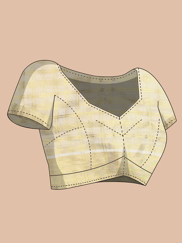 Golden Tissue Set Saree with Multi-Stripe Checks and Kasavu Border