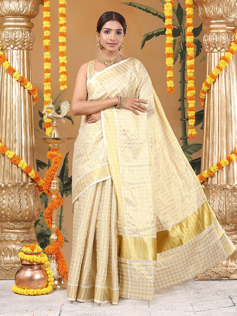 Golden Tissue Set Saree with Multi-Stripe Checks and Kasavu Border